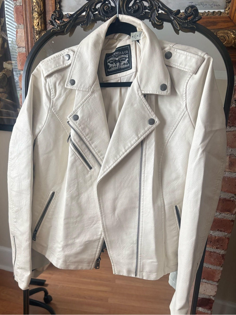 Levi's Cream White Leather Moto Jacket with Silver Hardware